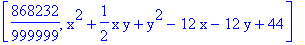 [868232/999999, x^2+1/2*x*y+y^2-12*x-12*y+44]